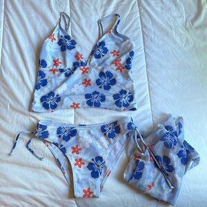 Blue & Red Floral 3-Piece Bikini Set